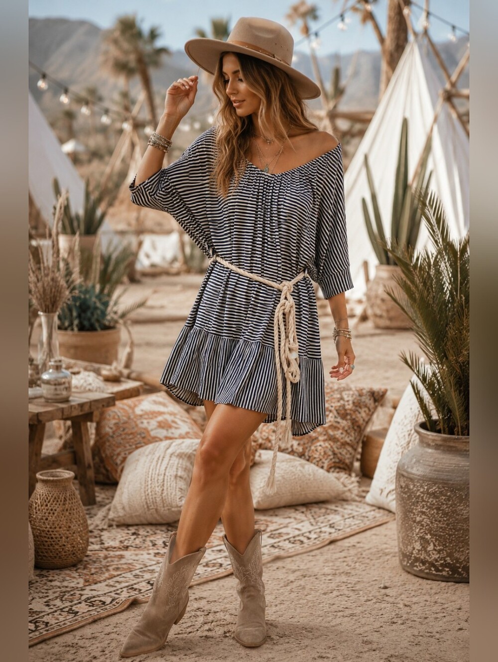 ✨ Hazel Navy & Cream Striped Boho Tunic Dress ✨med